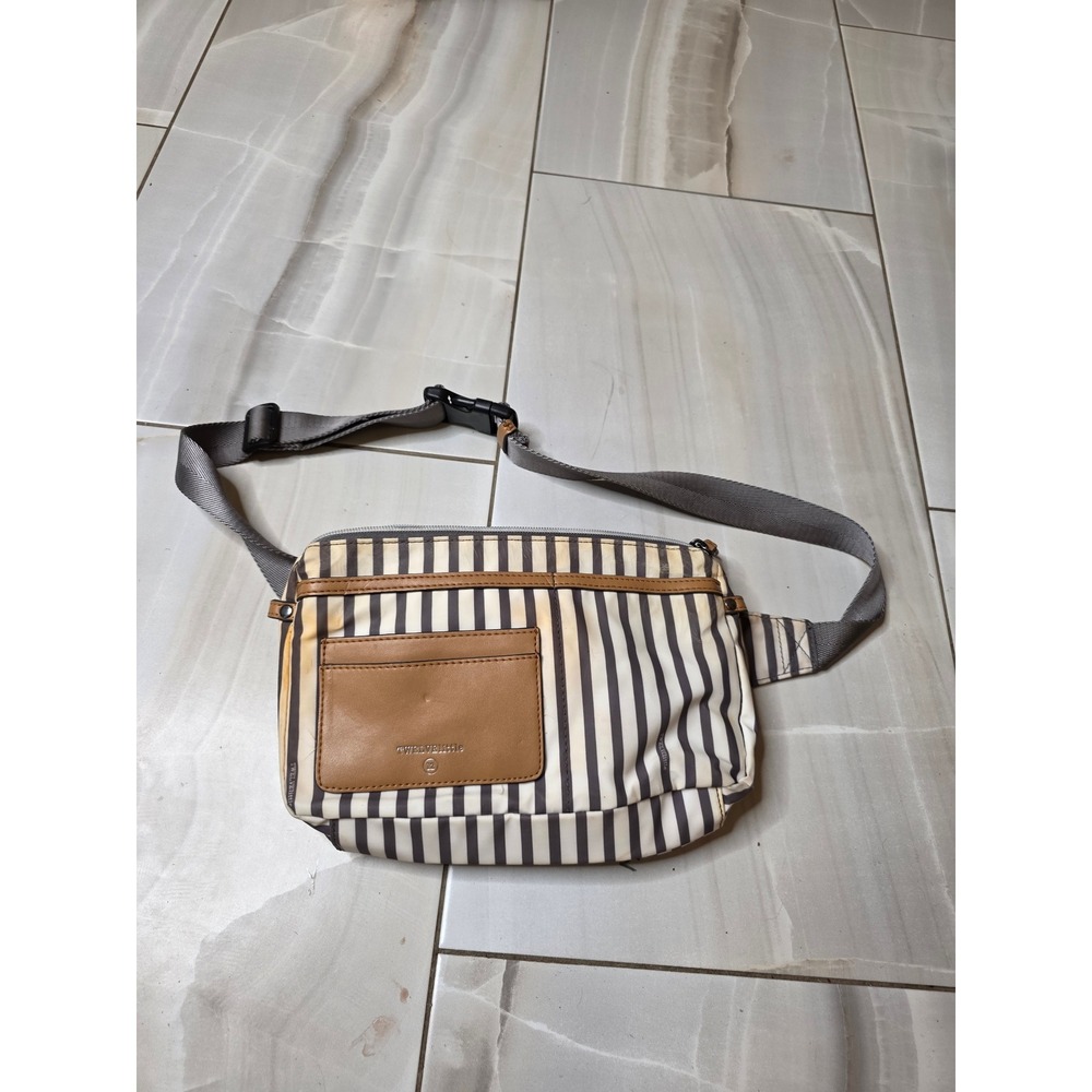 TwelveLittle Stripe Fanny Pack Waist Bag Nylon Tan Cream Brown Adjustable‎ Strap
